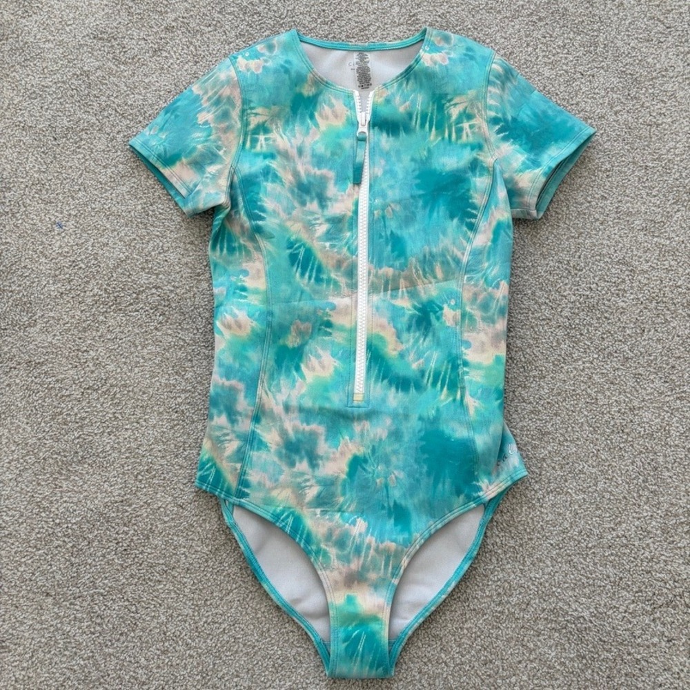 Johnny Was Calme Neoprene One Piece Swimsuit Womens S Blue Tie Dye Short Sleeve